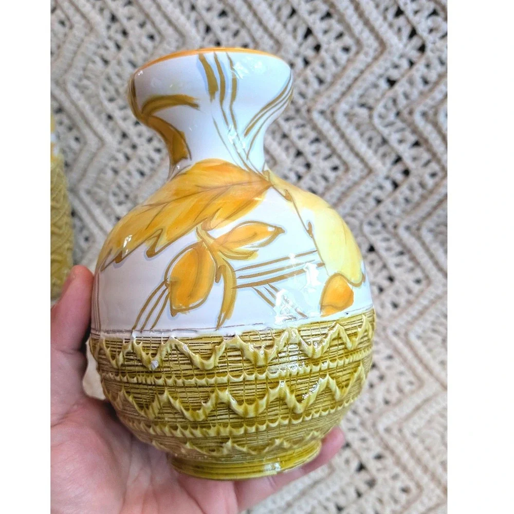 Vintage Italian FRATELLI FANCIULLACCI Pottery Vase Set Hand Painted Yellow Leaf